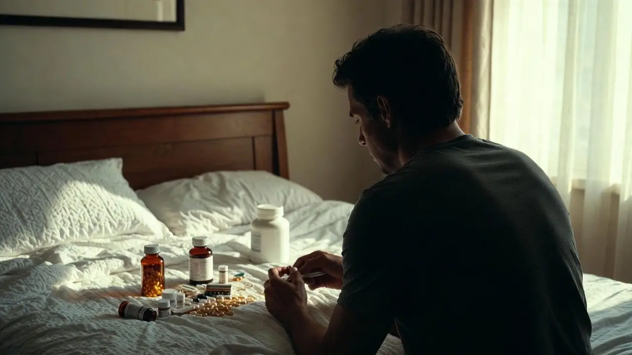 <p>Ragazzo che prende le medicine&nbsp;</p>\\n