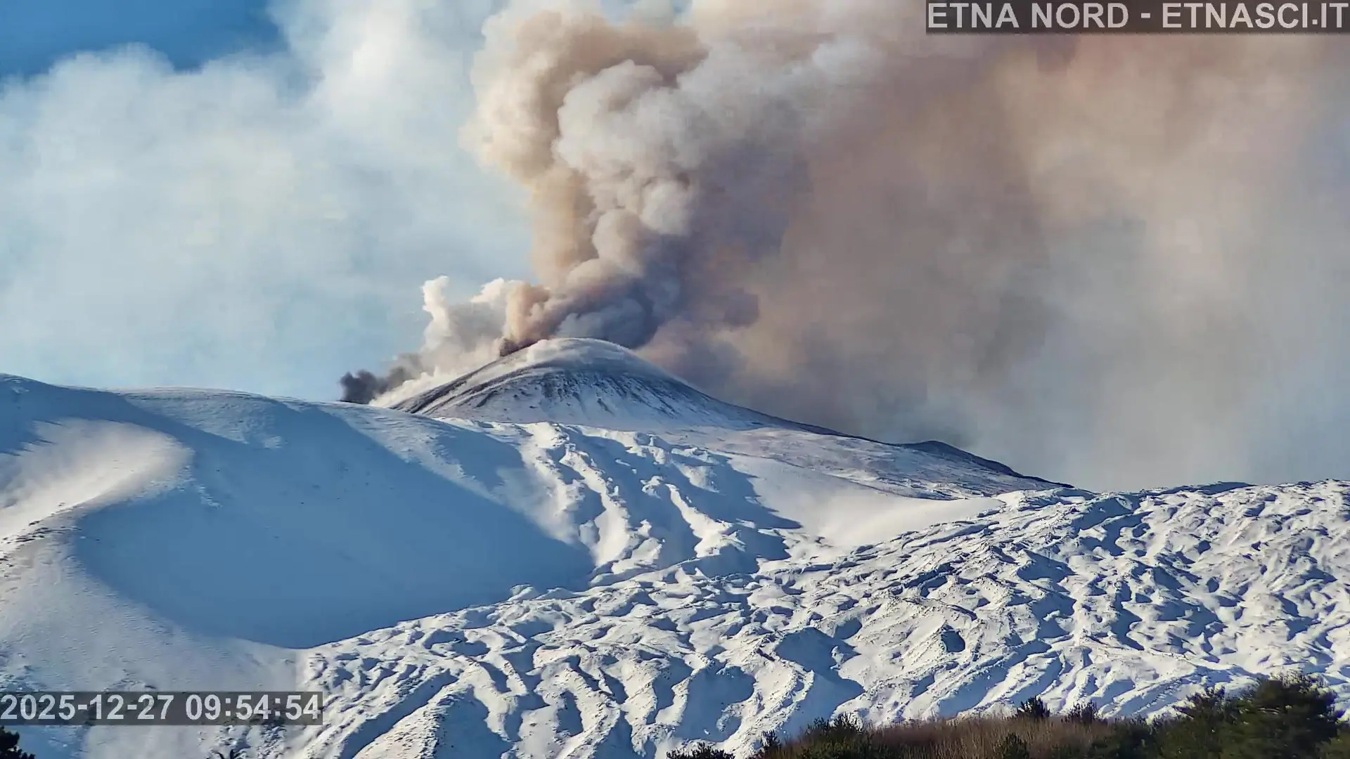 Etna, lo spettacolo dell’eruzione tra la neve visibile anche dalla Calabria: esplosioni dal cratere Nord-est