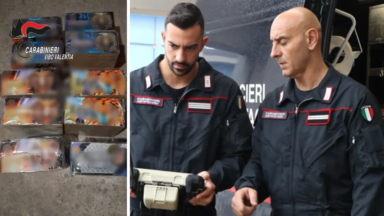 <p>I fuochi illegali sequestrati e i carabinieri del reparto artificieri di Cataznaro</p>\\n