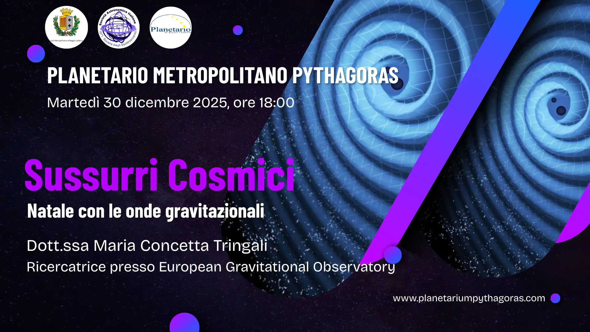 Al Planetarium Pythagoras i \"Sussurri cosmici\": un viaggio tra le onde gravitazionali con la ricercatrice Maria Concetta Tringali\n