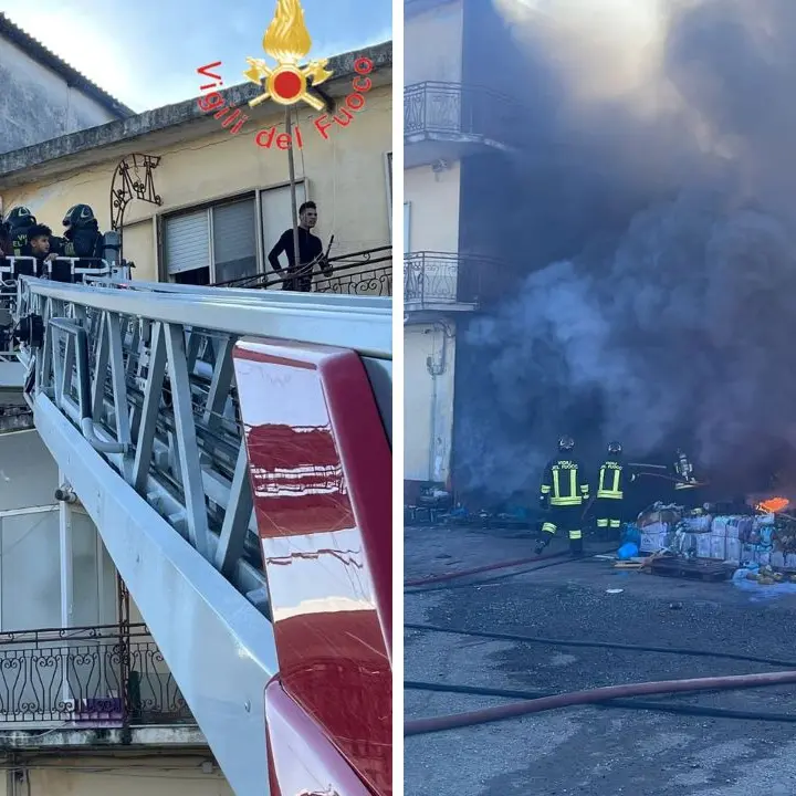 Lamezia, incendio avvolge deposito e attività commerciale: vigili del fuoco salvano una famiglia e una donna disabile