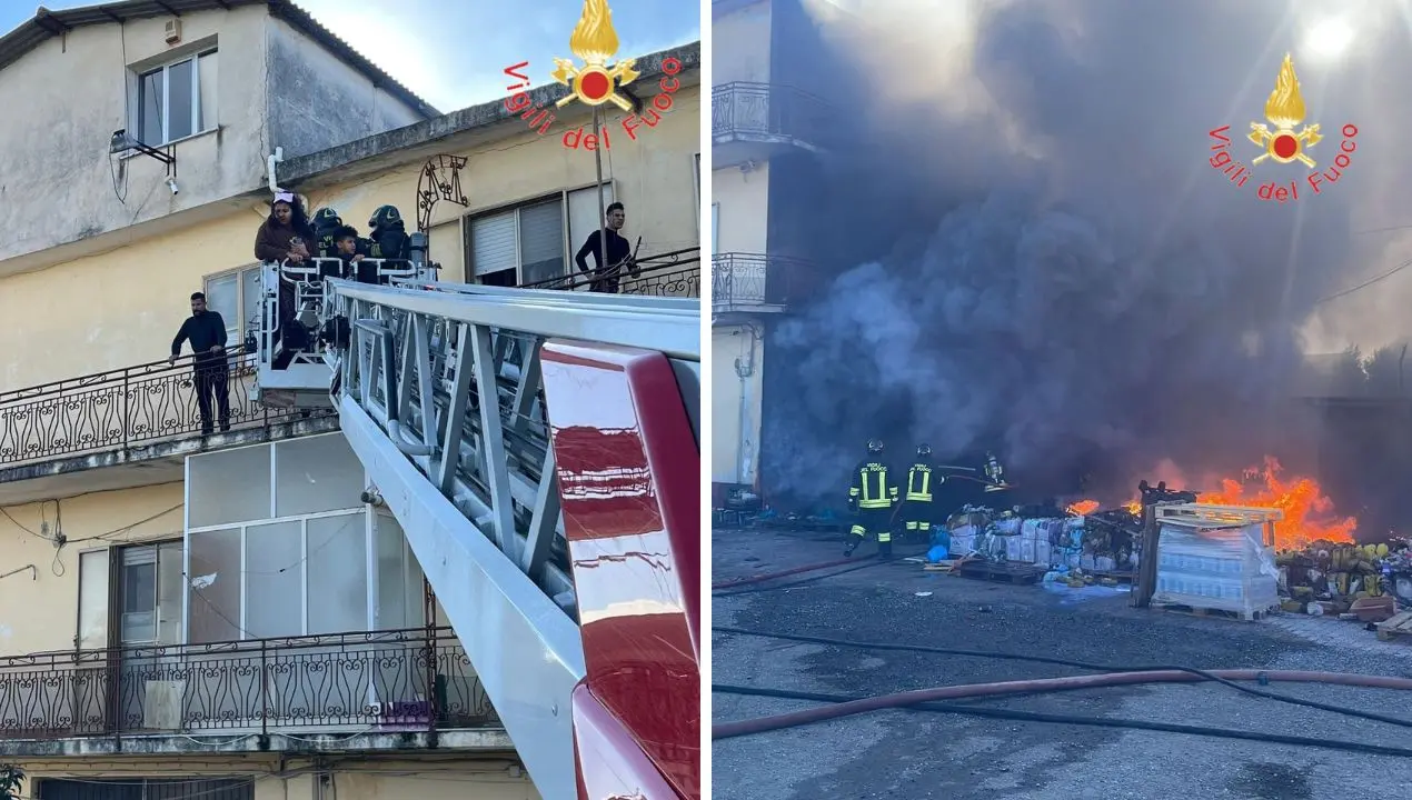 Lamezia, incendio avvolge deposito e attività commerciale: vigili del fuoco salvano una famiglia e una donna\u00A0disabile con il suo cagnolino -Video