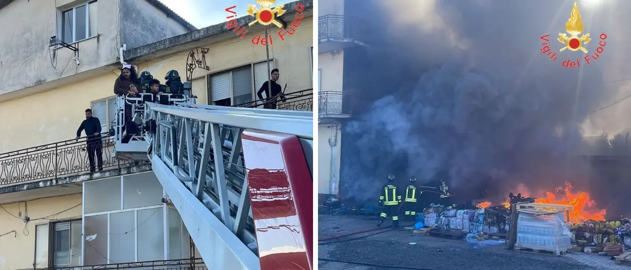 Lamezia, incendio avvolge deposito e attività commerciale: vigili del fuoco salvano una famiglia e una donna\u00A0disabile con il suo cagnolino -Video
