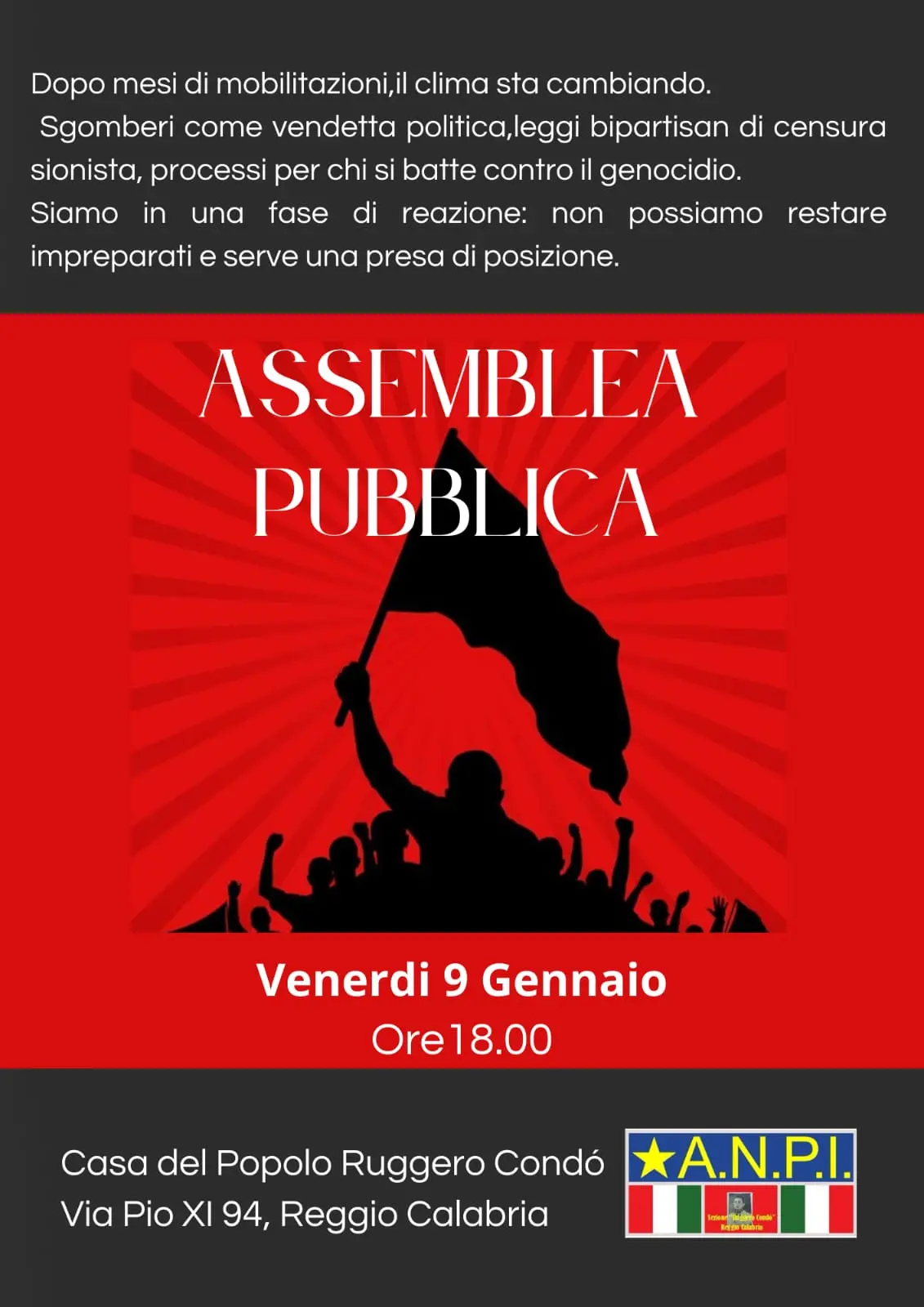 Reggio, il 9 gennaio assemblea pubblica organizzata dalla\u00A0sezione ANPI Ruggero Condò\n