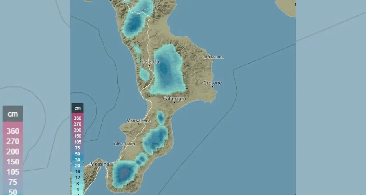 Arrivano freddo e neve in Calabria: fiocchi dai 600 m,\u00A0pioggia\u00A0e raffiche di vento fino a 100\u00A0km/h\n