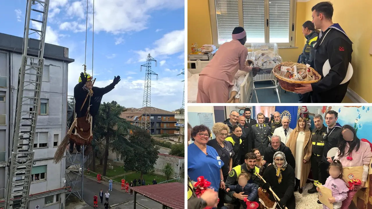 Allo Jazzolino la Befana arriva in autoscala: Vigili del fuoco, Capitaneria e Guardia di finanza insieme per portare gioia ai bimbi\n