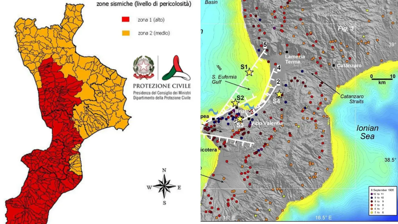 <p>A sinistra la classificazione del rischio sismico in Calabria, a destra la mappa degli effetti distruttivi del terremoto del 1905 nel Vibonese</p>\\n