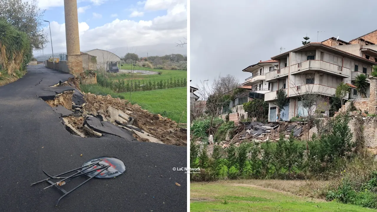 Maltempo, a Mileto crollano la strada e il muro di cinta dell'ex fabbrica di laterizi\n
