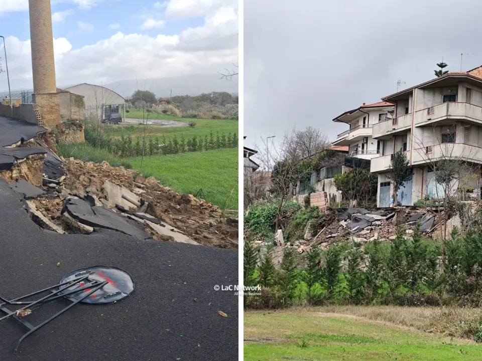 Maltempo, a Mileto crollano la strada e il muro di cinta dell'ex fabbrica di laterizi