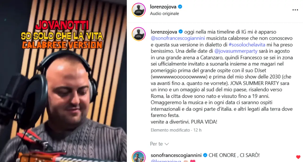 Jovanotti scopre su Instagram il cantautore\u00A0calabrese Giannini: «Vieni al Jova Summer Party di Catanzaro»\n