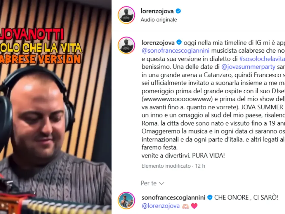 Jovanotti scopre su Instagram il cantautore calabrese Giannini: «Vieni al Jova Summer Party di Catanzaro»