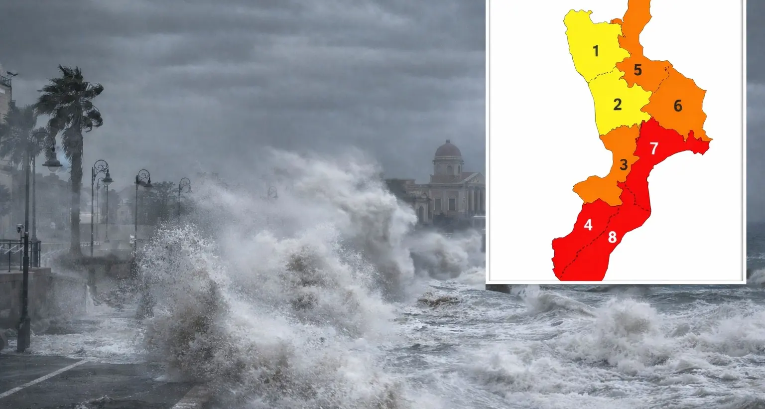 Il ciclone Harry entra nella fase più pericolosa: l'allerta si colora di rosso e si estende a tutta la città Metropolitana\n