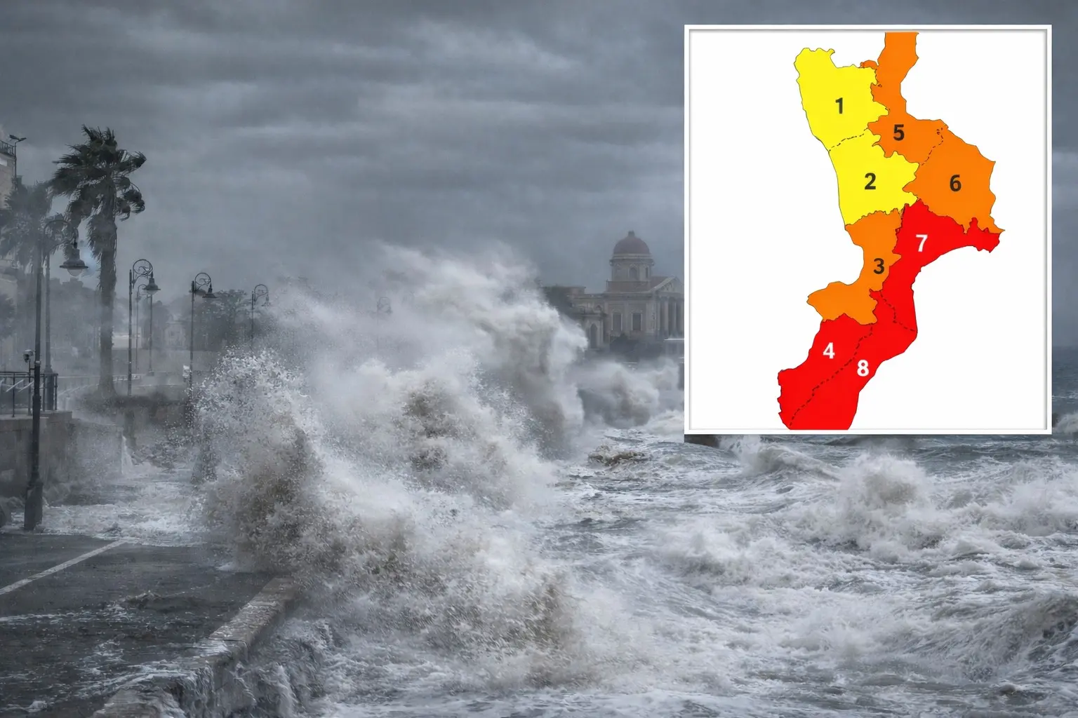 Il ciclone Harry entra nella fase più pericolosa: l'allerta si colora di rosso e si estende a tutta la città Metropolitana\n