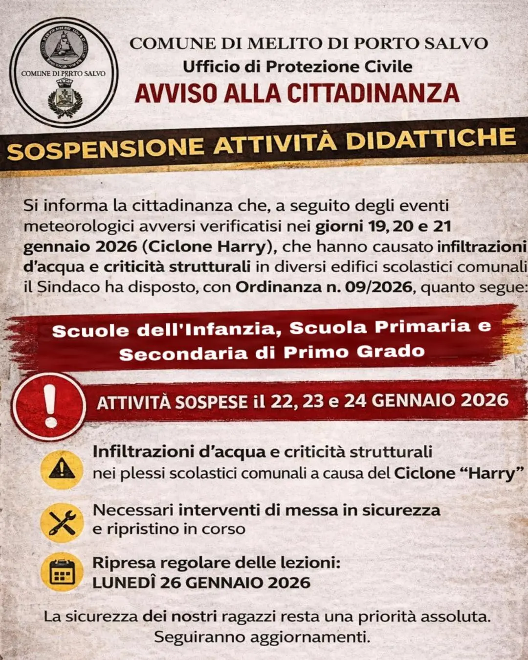 Melito Porto Salvo, troppe criticità negli istituti. Scuole chiuse per tutta la settimana\n