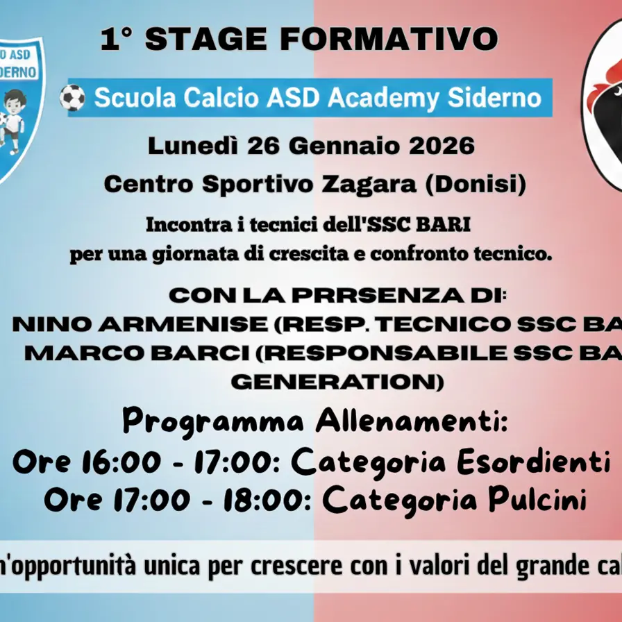 Asd\u00A0scuola calcio Academy Siderno, tutto pronto per il\u00A01° Stage con Ssc Bari\n