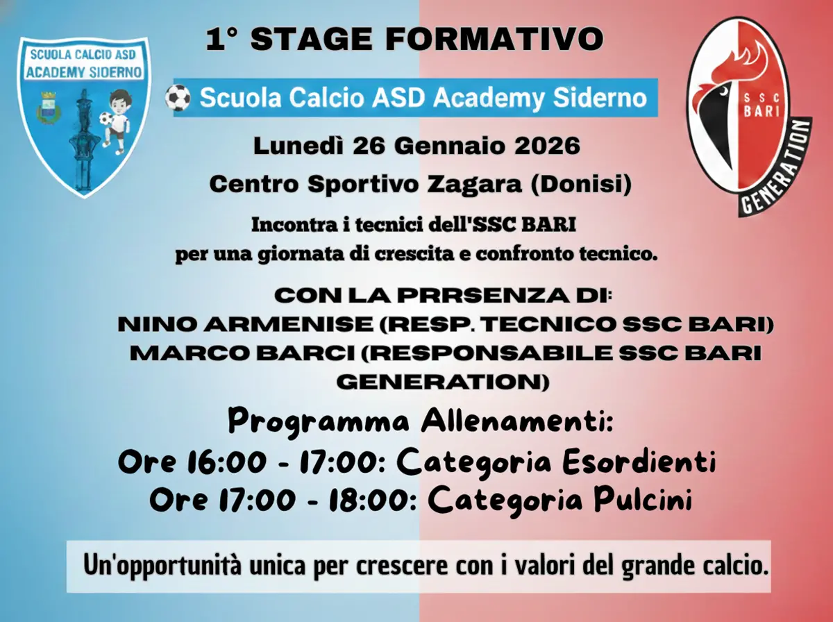 Asd\u00A0scuola calcio Academy Siderno, tutto pronto per il\u00A01° Stage con Ssc Bari\n
