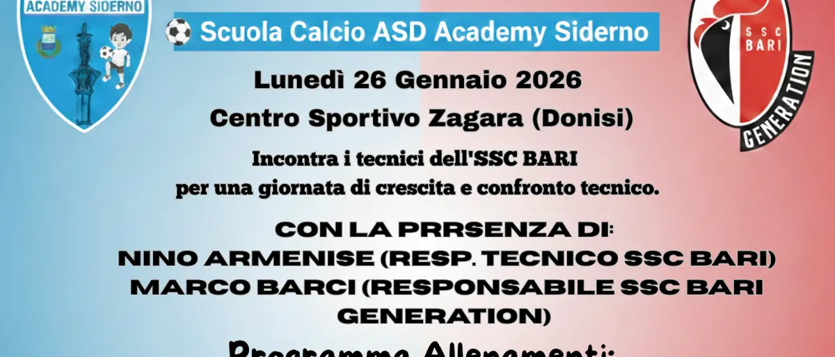 Asd\u00A0scuola calcio Academy Siderno, tutto pronto per il\u00A01° Stage con Ssc Bari\n