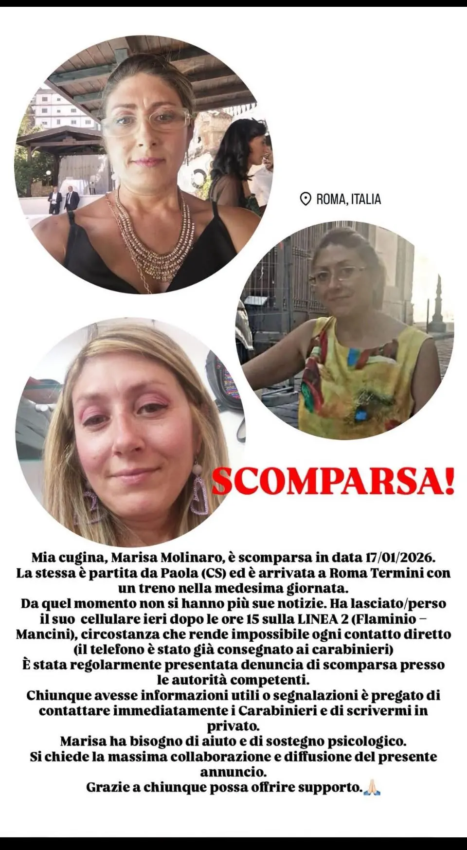 Marisa Molinaro sparita da Paola dopo l’arrivo a Roma: l’appello dei familiari\n