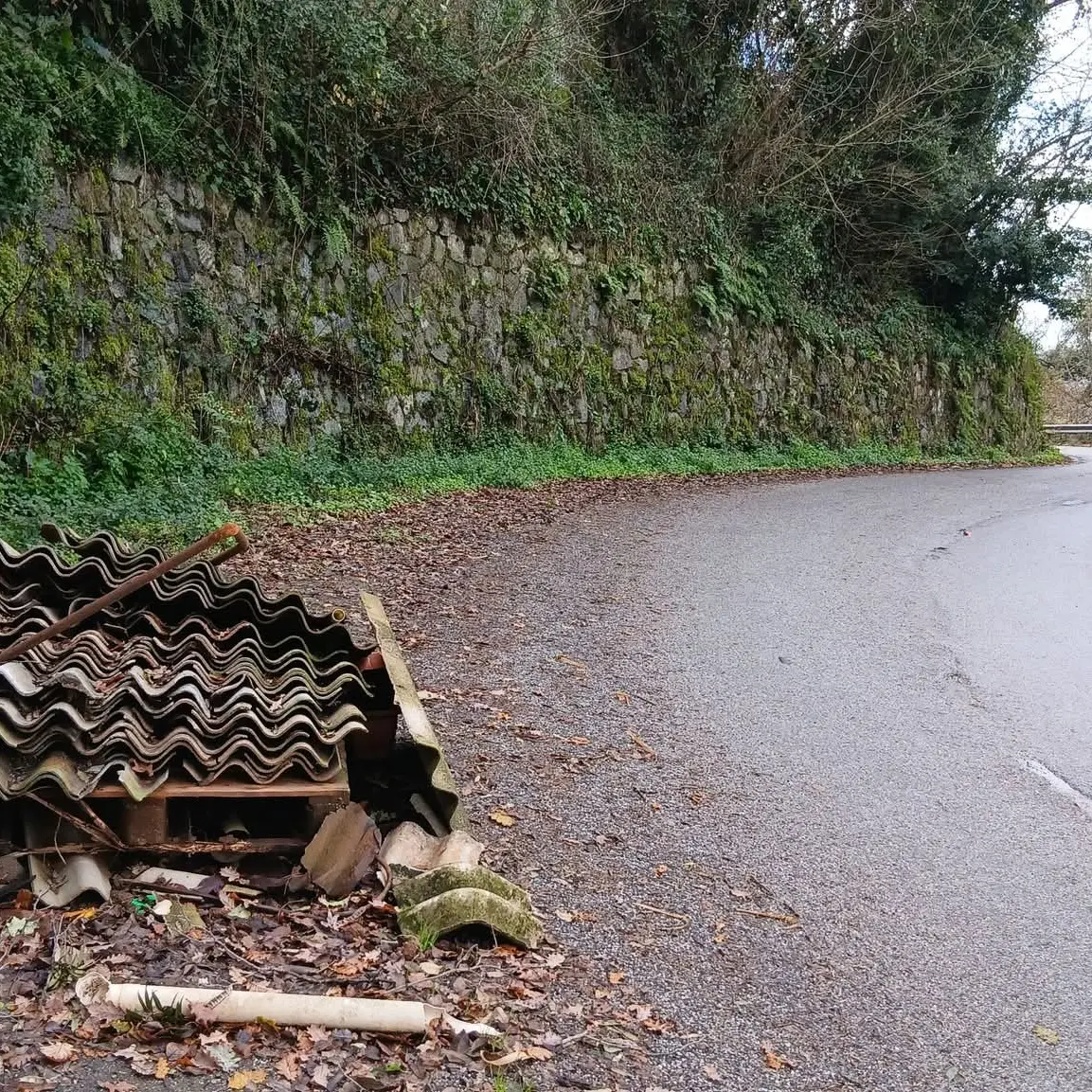 Lo spettacolo indecoroso (e nocivo) dell’eternit abbandonato per strada: un cumulo di lastre sul ciglio della provinciale tra Pizzoni e Soriano\n