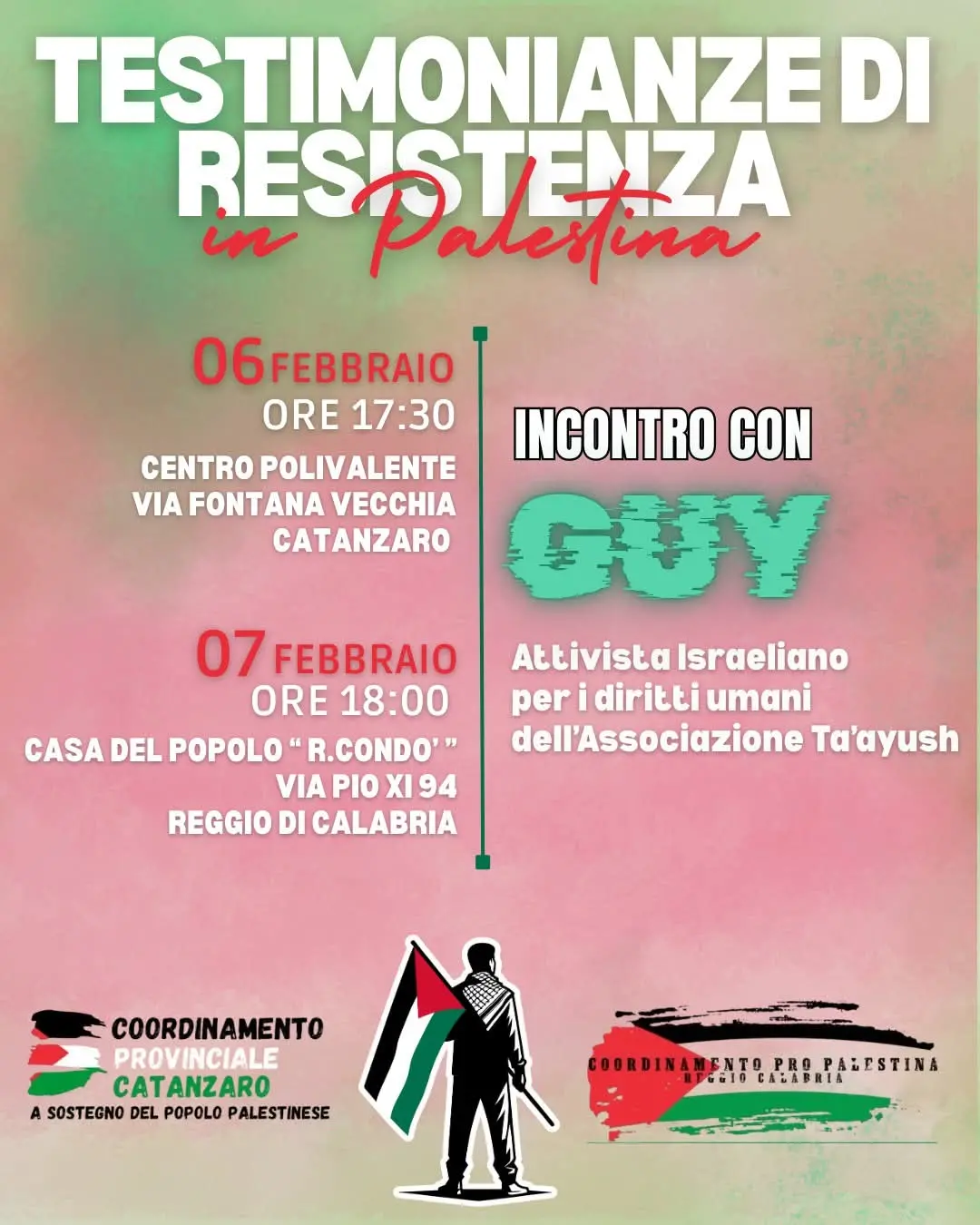 Testimonianze di resistenza in Palestina: a Catanzaro un incontro con Guy, attivista israeliano per i diritti umani dell’associazione Ta’ayush\n