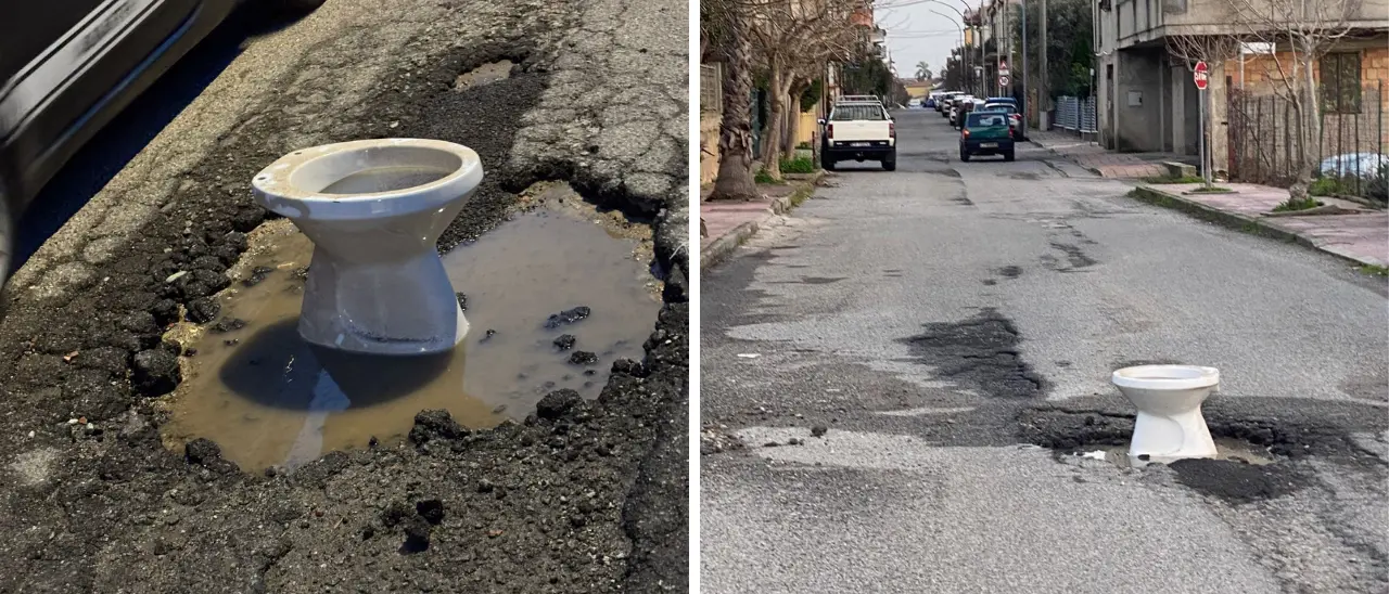 Limbadi, un water al centro della strada per segnalare l’ennesima buca sul corso\n