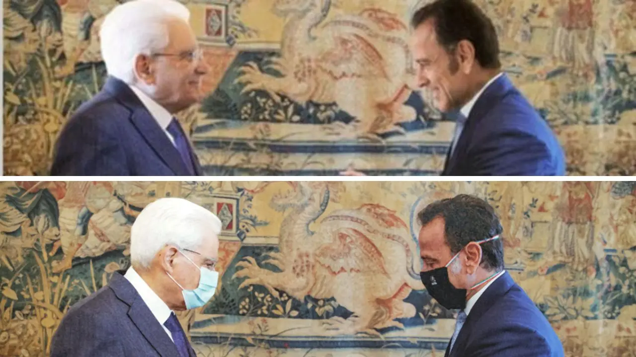 <p>Sopra, la foto ritoccata di Mattarella e Minenna. Sotto, l'originale con le mascherine anti-Covid</p>\\n