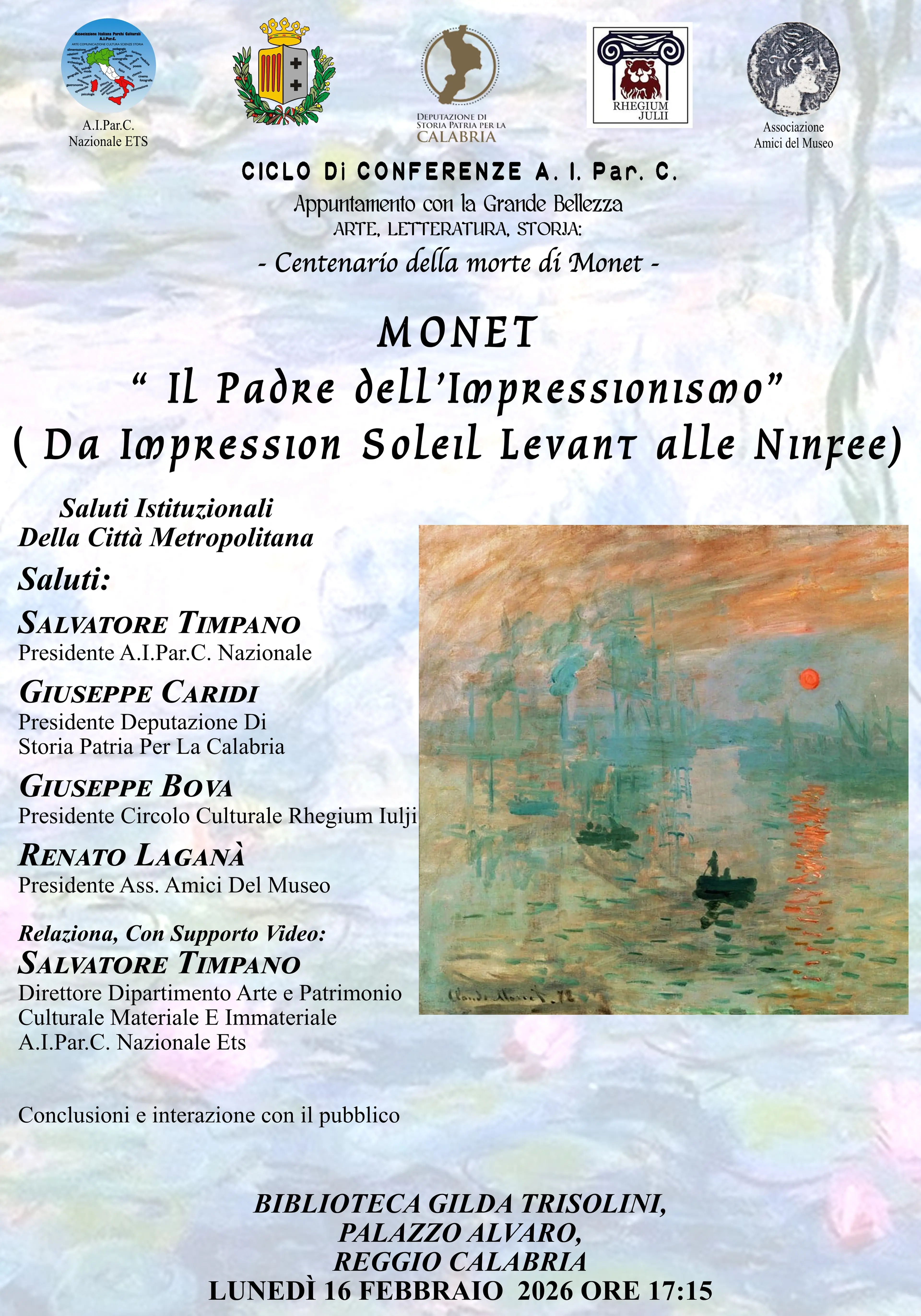 Reggio, il 16 febbraio\u00A0l'incontro su: \"Monet, il padre dell'Impressionismo. Da Impression Soleil Levant alle Ninfee\"\n