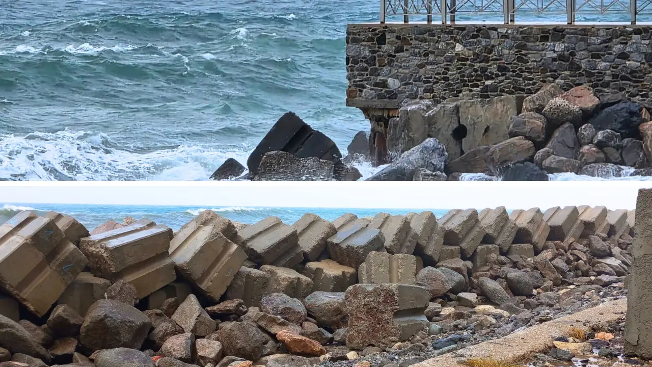 <p>Il molo Pizzapundi (foto di Danilo Zimatore) e la barriera frangiflutti di Pizzo (foto Pino Paolillo)</p>\\n