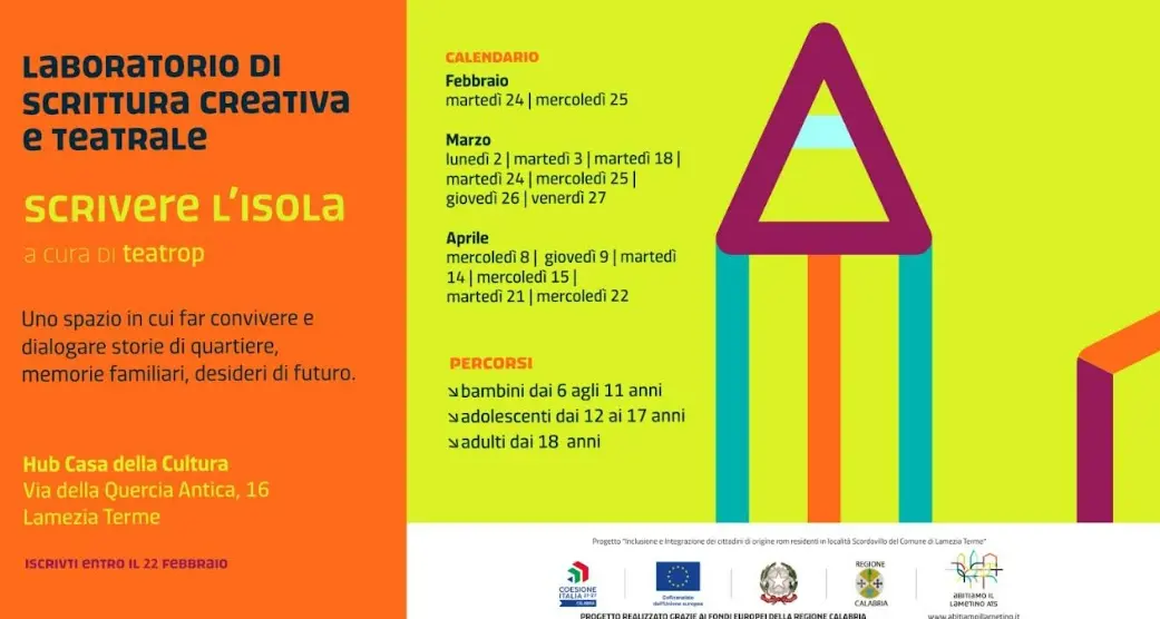 Lamezia, al via il laboratorio gratuito di scrittura creativa e teatrale “Scrivere l’isola”. Sarà curato da TeatroP\n