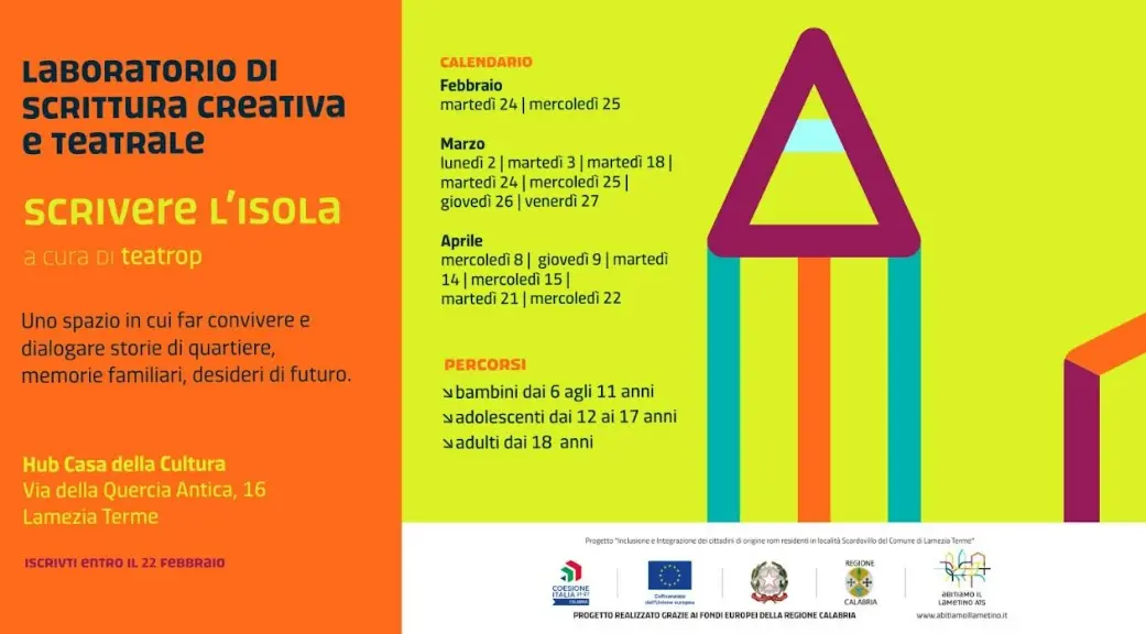 Lamezia, al via il laboratorio gratuito di scrittura creativa e teatrale “Scrivere l’isola”. Sarà curato da TeatroP\n