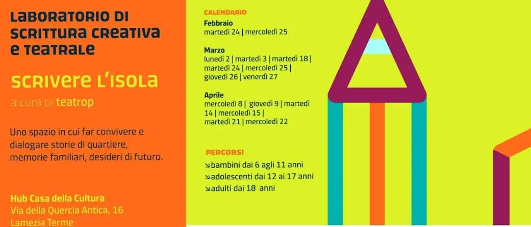 Lamezia, al via il laboratorio gratuito di scrittura creativa e teatrale “Scrivere l’isola”. Sarà curato da TeatroP\n