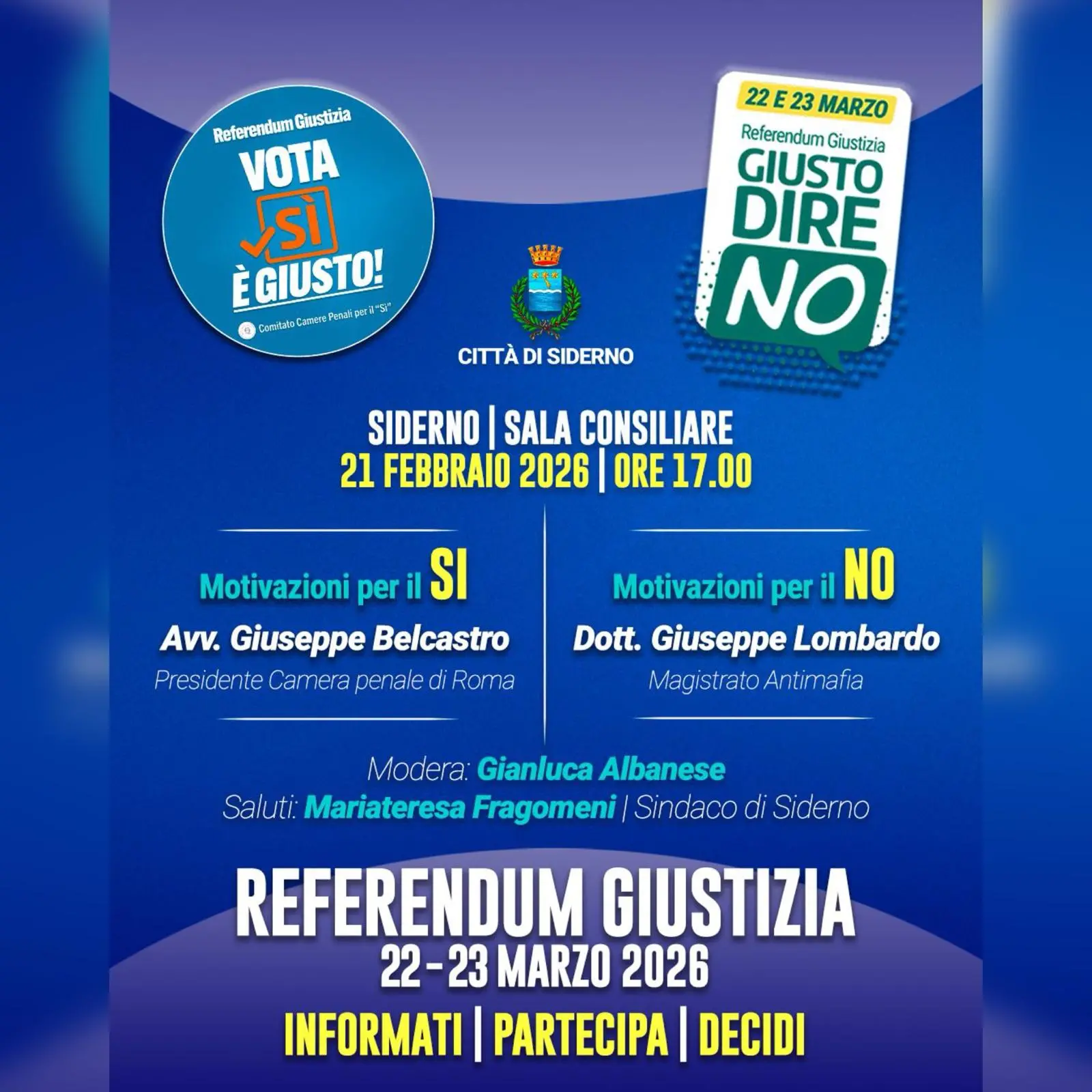 Referendum sulla Giustizia, sabato 21 esperti a confronto nella sala consiliare di Siderno\n