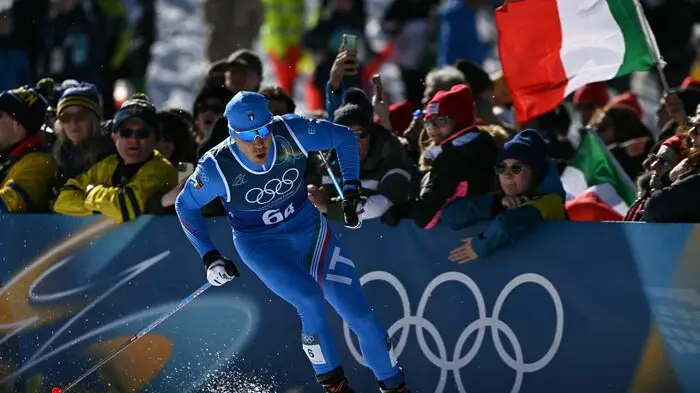 Italy\\'s Federico Pellegrino competes during the cross-country men\\'s 4 x 7,5km relay event of the Milano Cortina 2026 Winter Olympic Games at Tesero Cross-Country Skiing Stadium in Lago di Tesero (Val di Fiemme), on February 15, 2026. (Photo by Javier SORIANO / AFP) , AFP