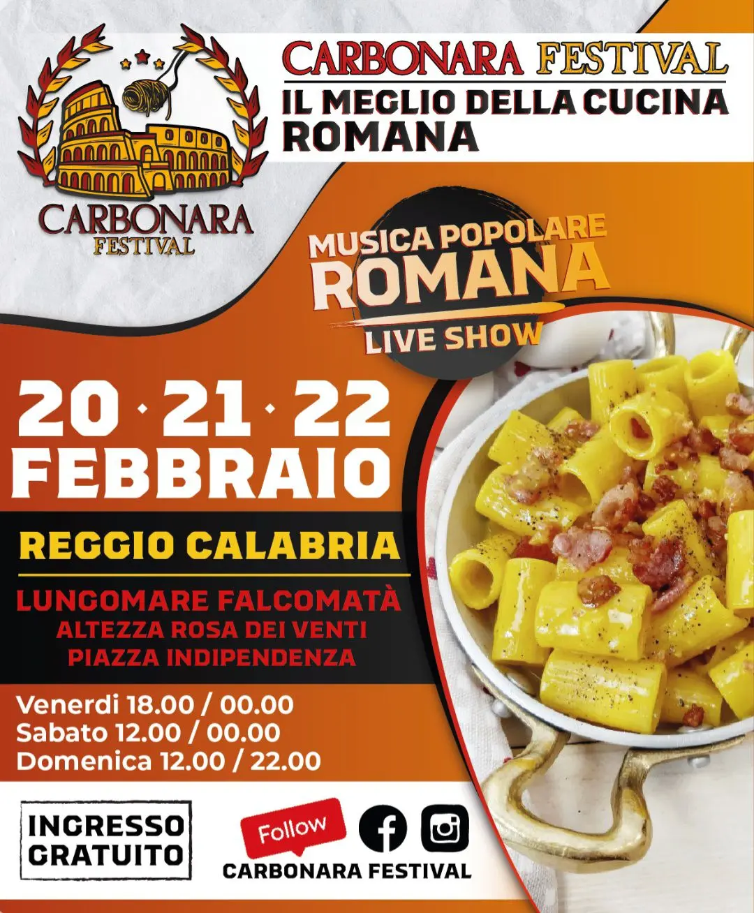 “Carbonara Festival ”: A Reggio grande evento di street food dal 20 al 22 febbraio\n