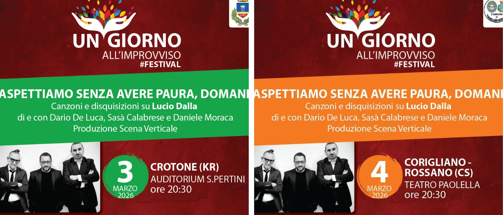 A Crotone e Corigliano Rossano lo spettacolo omaggio a Lucio Dalla\u00A0“Aspettiamo senza avere paura, domani”\n