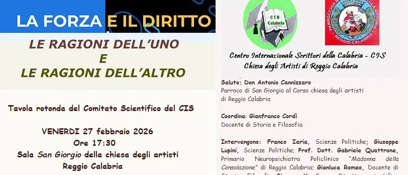 A Reggio l’incontro “La forza e il diritto: le ragioni dell’uno e le ragioni dell’altro”\n