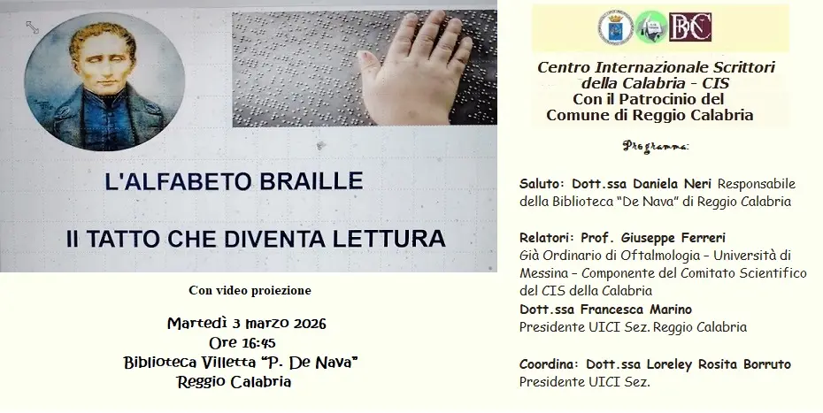 Reggio, il Cis della Calabria promuove l’incontro “L’alfabeto Braille. Il tatto che diventa lettura”\n