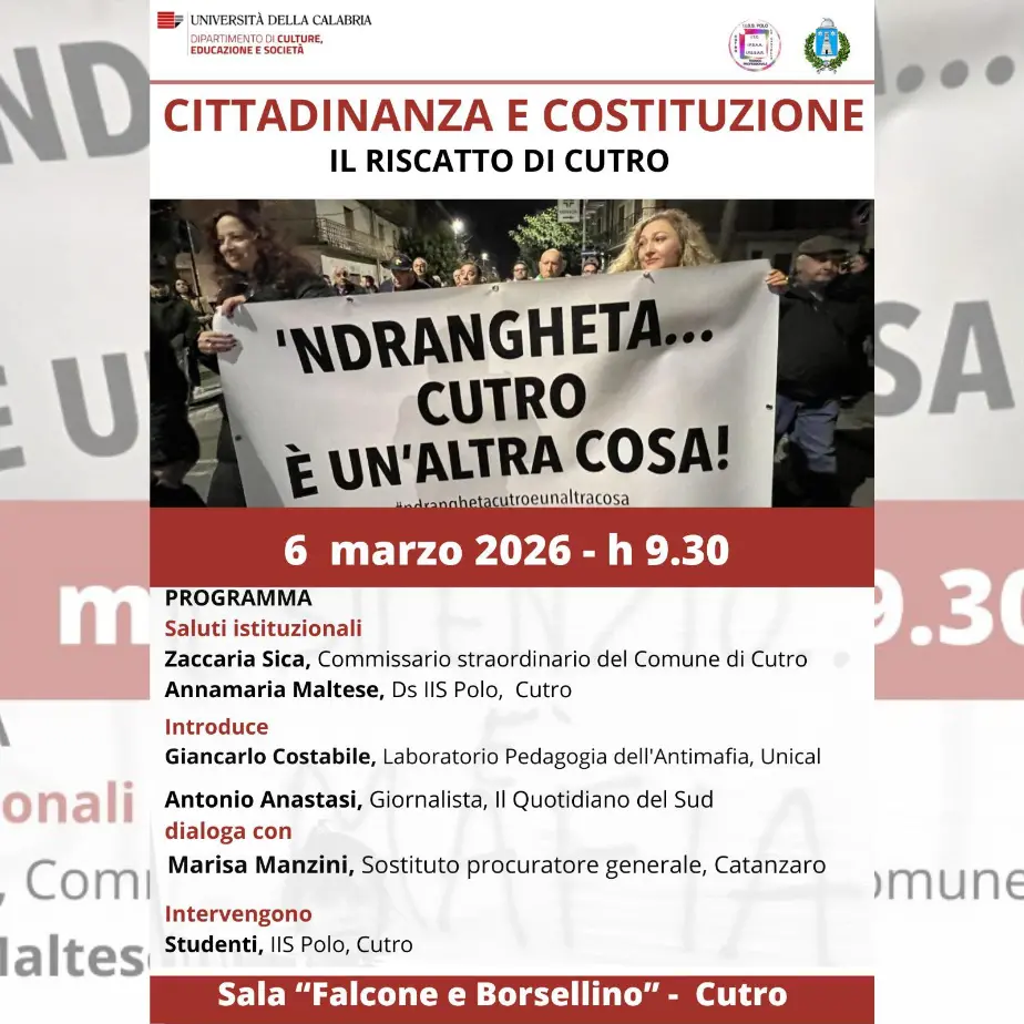 L’Unical a Cutro, il procuratore Manzini chiude il secondo\u00A0anno del progetto “Cittadinanza e Costituzione”\u00A0\n