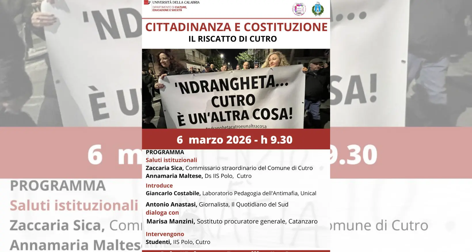 L’Unical a Cutro, il procuratore Manzini chiude il secondo\u00A0anno del progetto “Cittadinanza e Costituzione”\u00A0\n