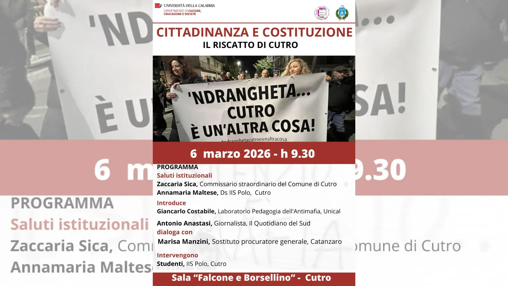 L’Unical a Cutro, il procuratore Manzini chiude il secondo\u00A0anno del progetto “Cittadinanza e Costituzione”\u00A0\n