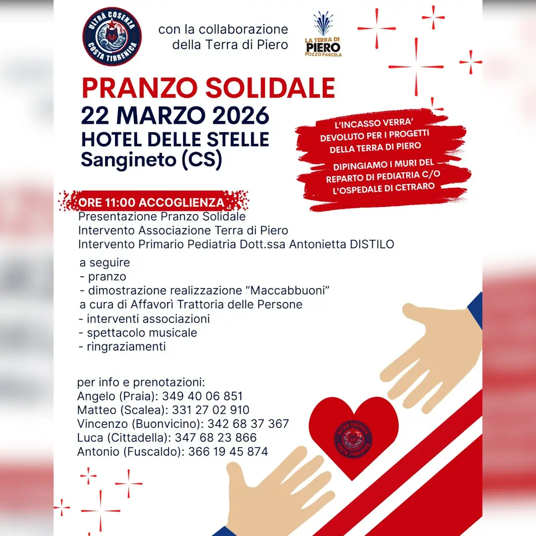 Sangineto, il 22 marzo un pranzo solidale per colorare la\u00A0Pediatria dell’ospedale di\u00A0Cetraro\n