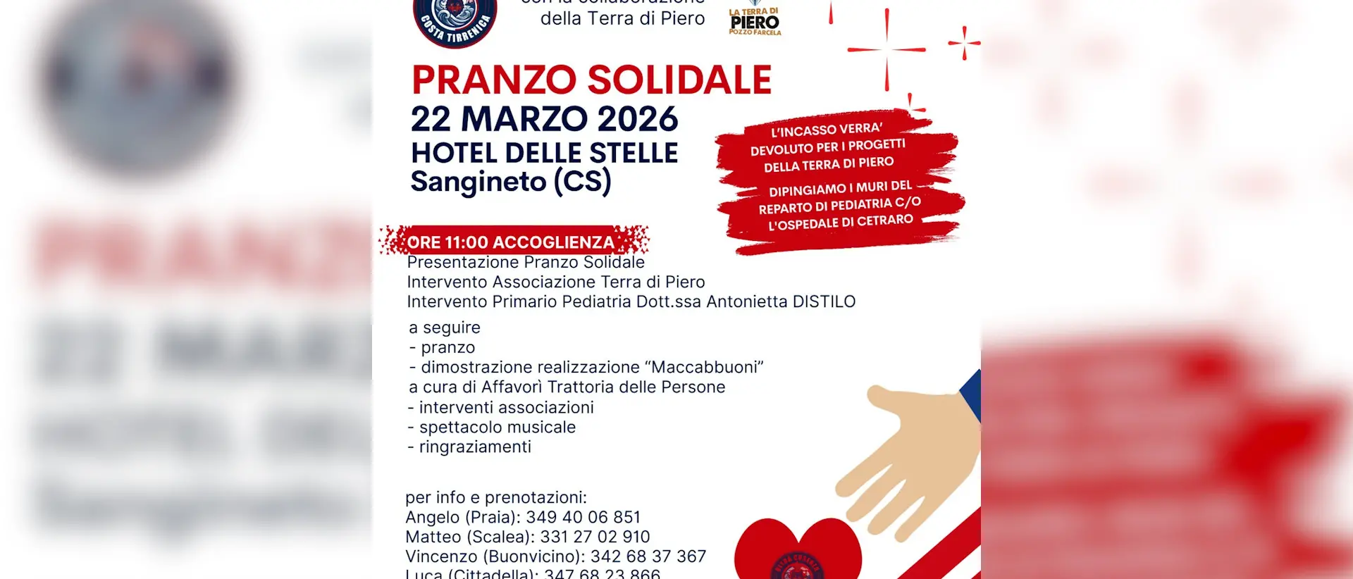Sangineto, il 22 marzo un pranzo solidale per colorare la\u00A0Pediatria dell’ospedale di\u00A0Cetraro\n