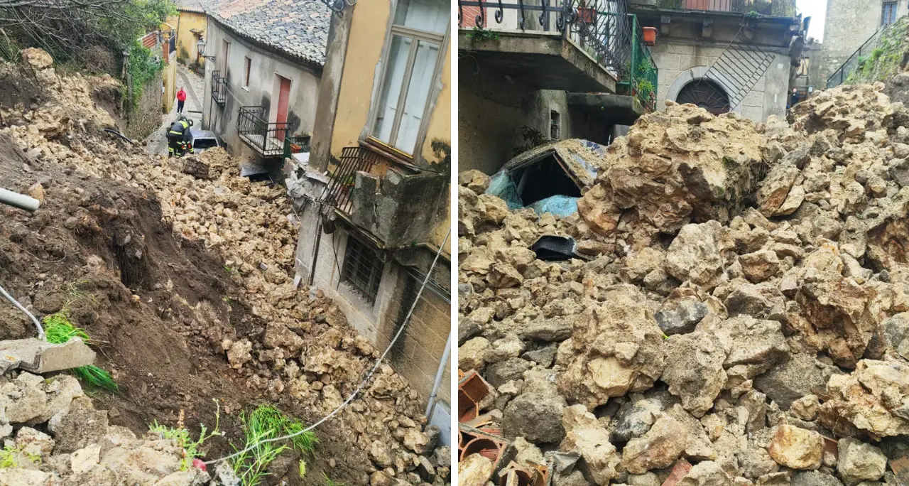 Paura per una frana a Stilo, crolla parte del convento e travolge una casa e diverse auto