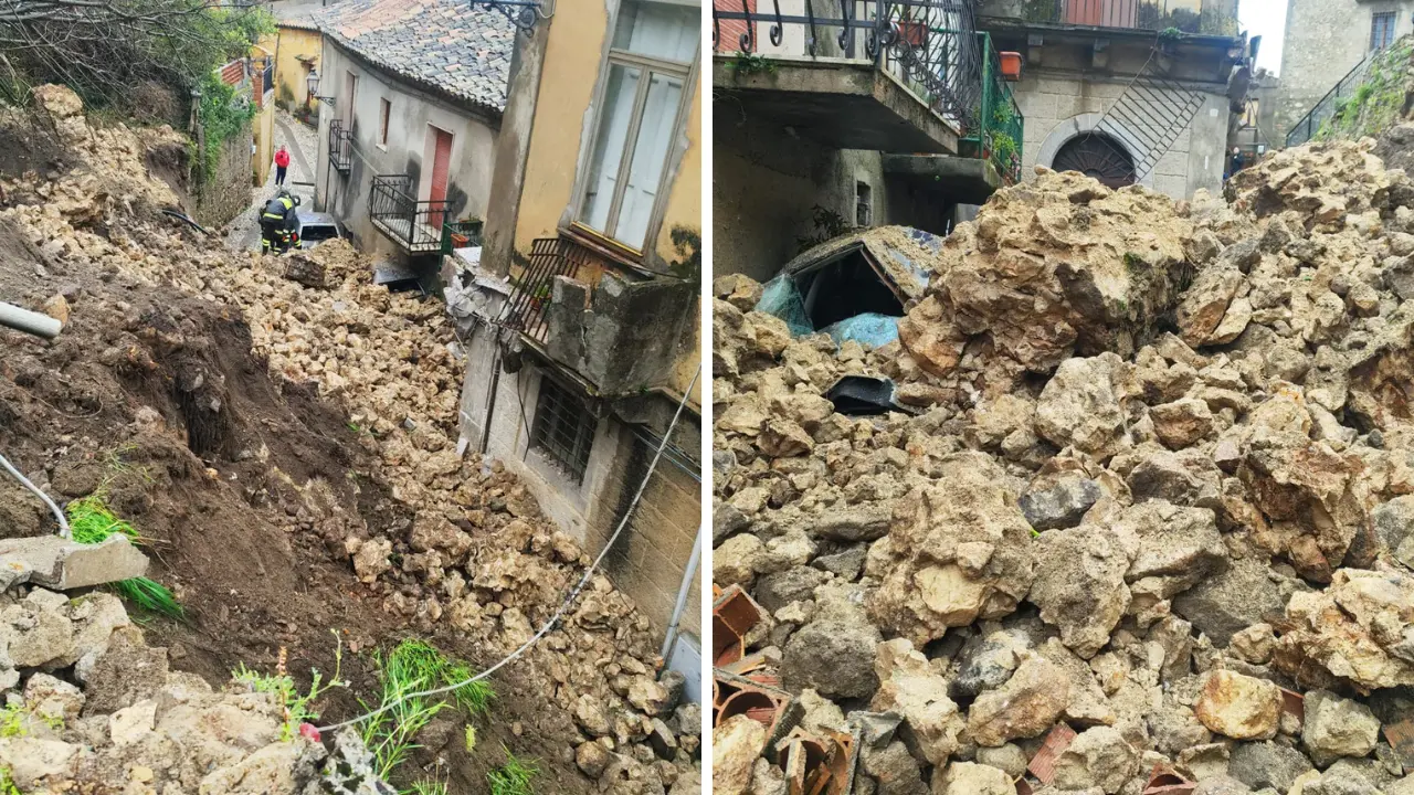 Paura per una frana a Stilo, crolla parte di un antico convento e travolge una casa e diverse auto\n