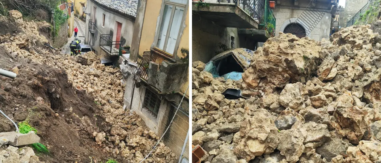 Paura per una frana a Stilo, crolla parte di un antico convento e travolge una casa e diverse auto\n