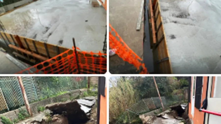 <p>Nelle foto in alto i lavori nella scuola dio Capistrano, in basso il cedimento</p>\\n