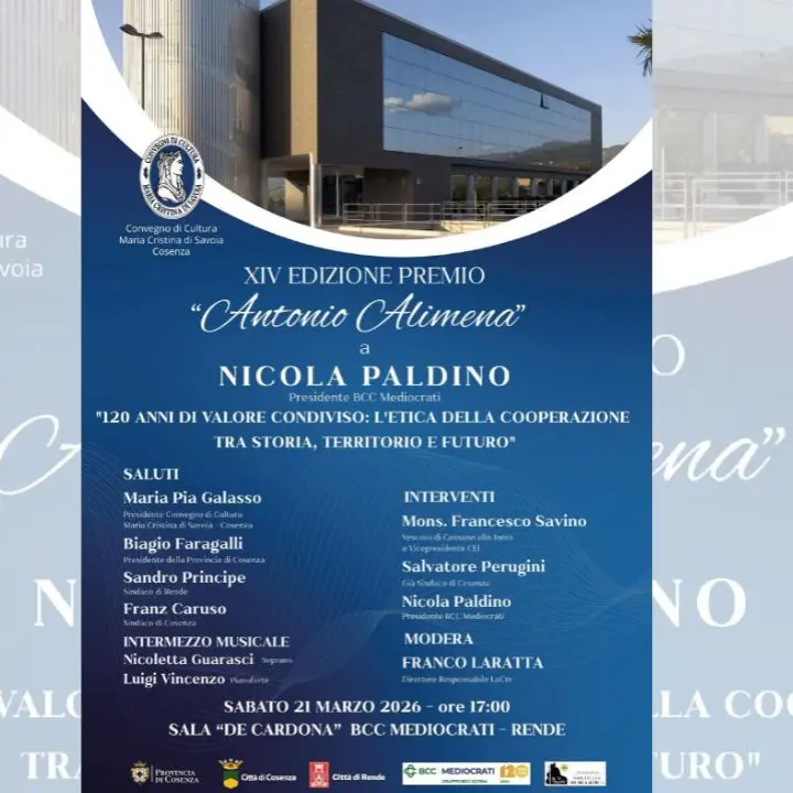 Rende, premio “Antonio Alimena” al presidente della BCC Mediocrati Nicola Paldino\n