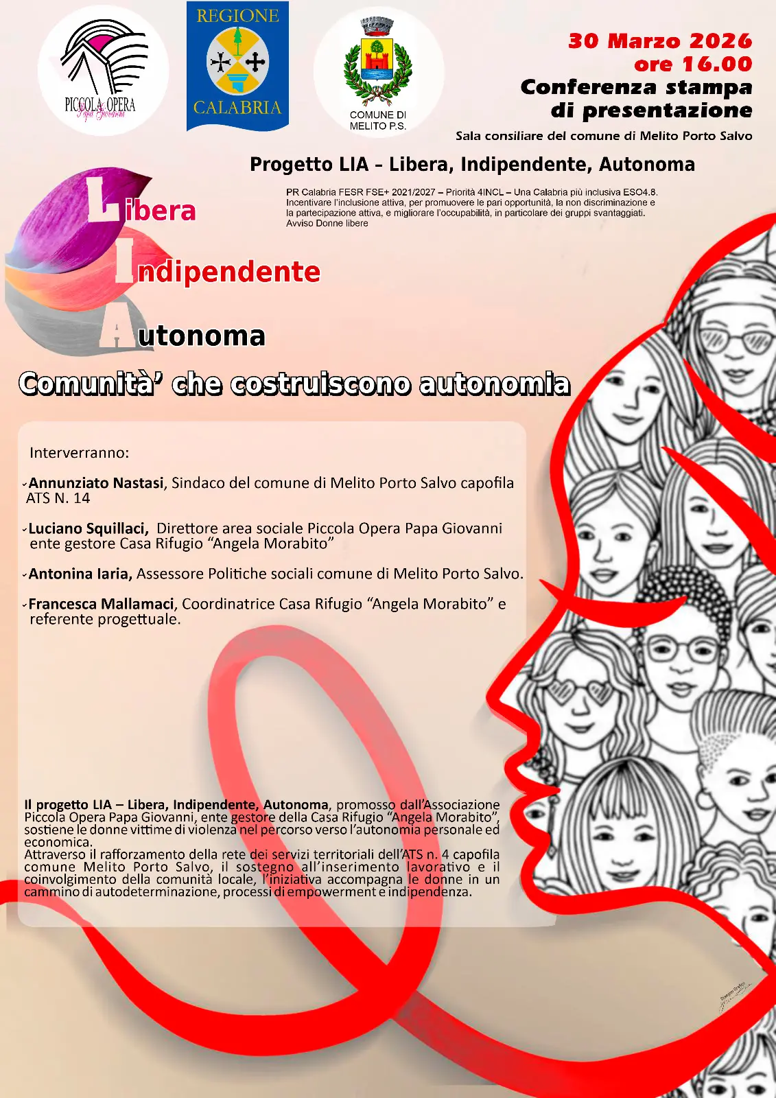 Autonomia economica e uscita dalla violenza: la Piccola Opera Papa Giovanni presenta a Melito Porto Salvo il progetto LIA\n