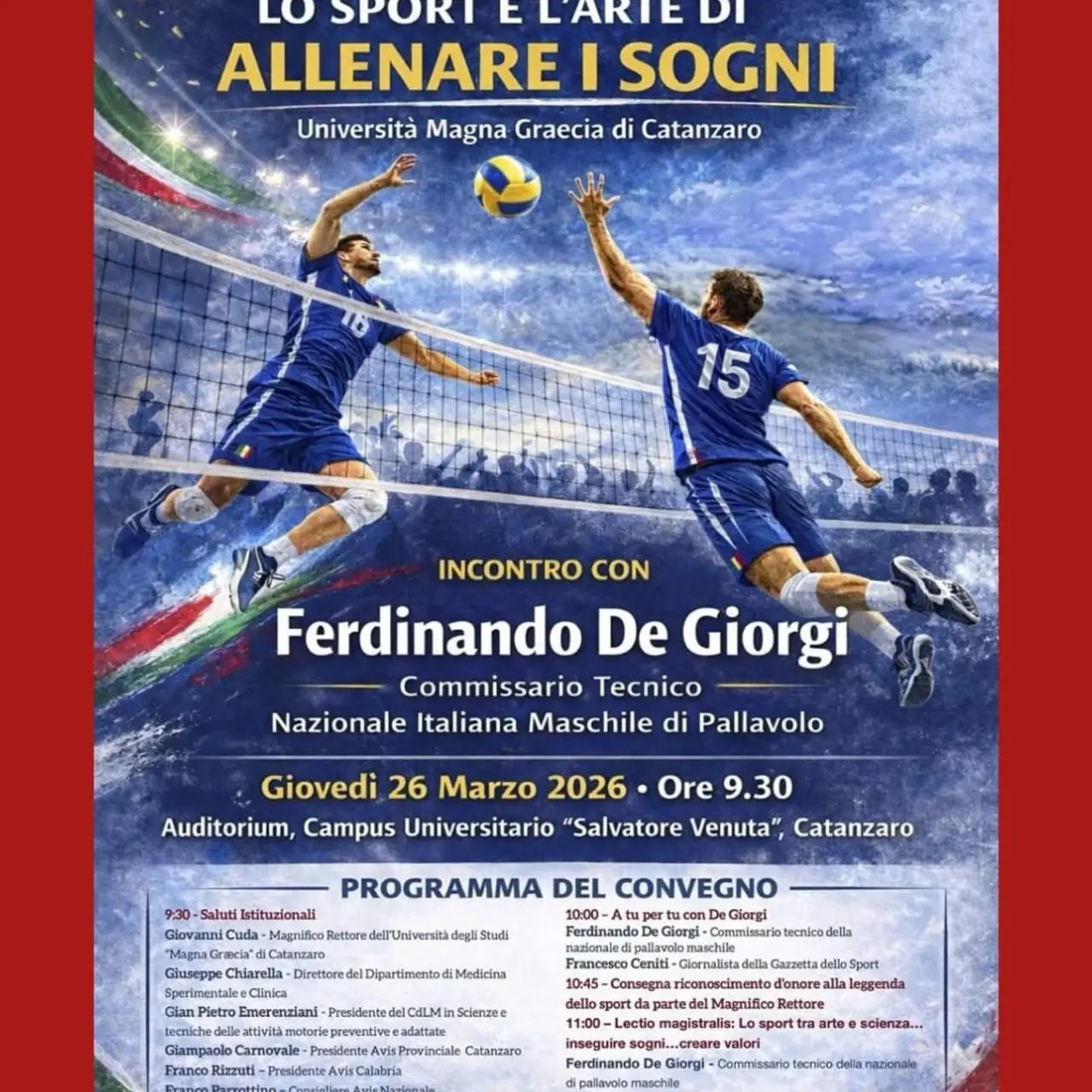 Il commissario tecnico della Nazionale Italiana di pallavolo maschile Ferdinando De Giorgi atteso all’Università di Catanzaro\n