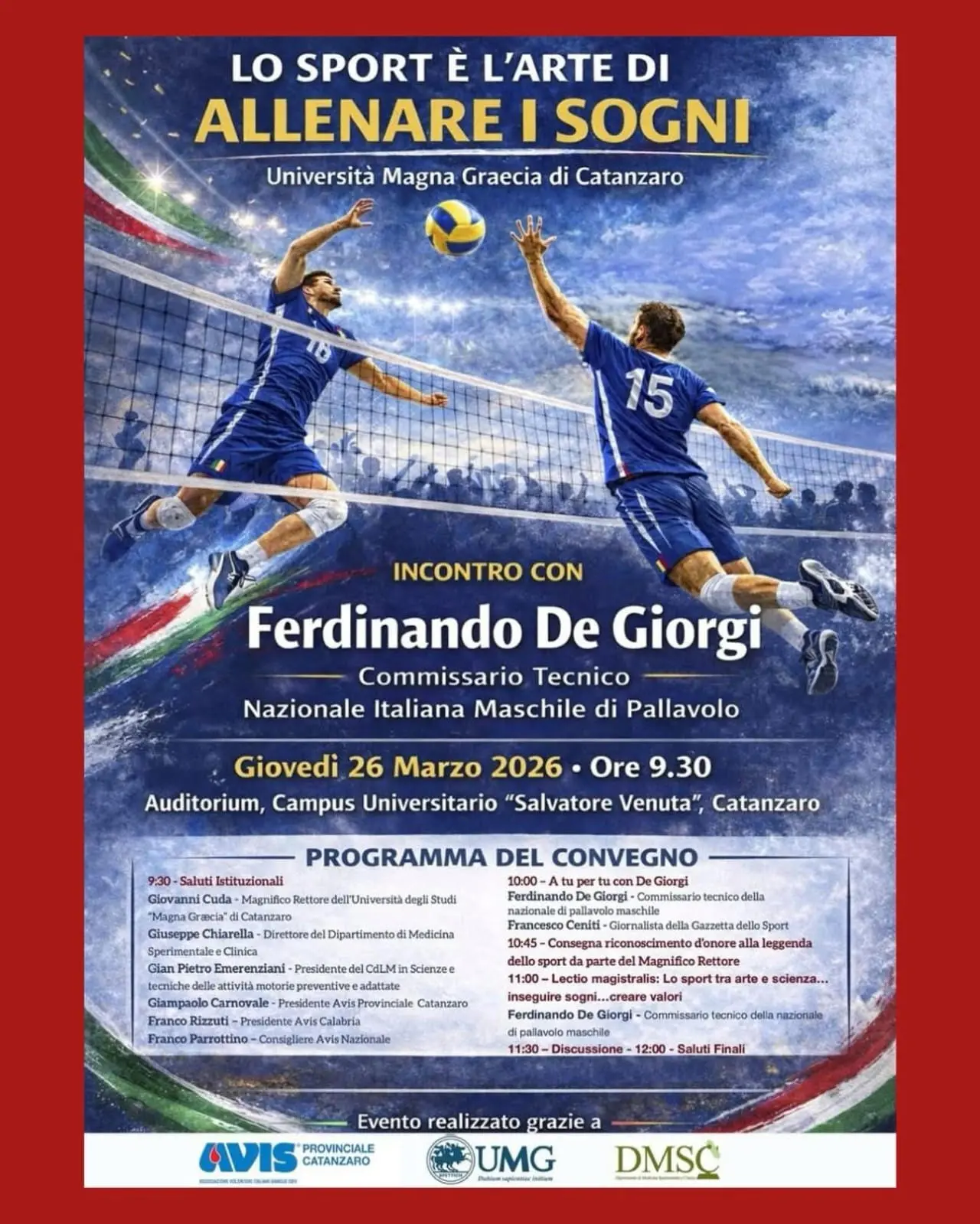 Il commissario tecnico della Nazionale Italiana di pallavolo maschile Ferdinando De Giorgi atteso all’Università di Catanzaro\n
